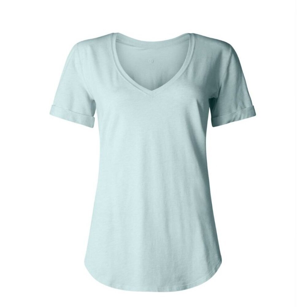Lululemon Love Tee II Heathered Aquamarine size 8 V-neck short sleeve Cuffed
